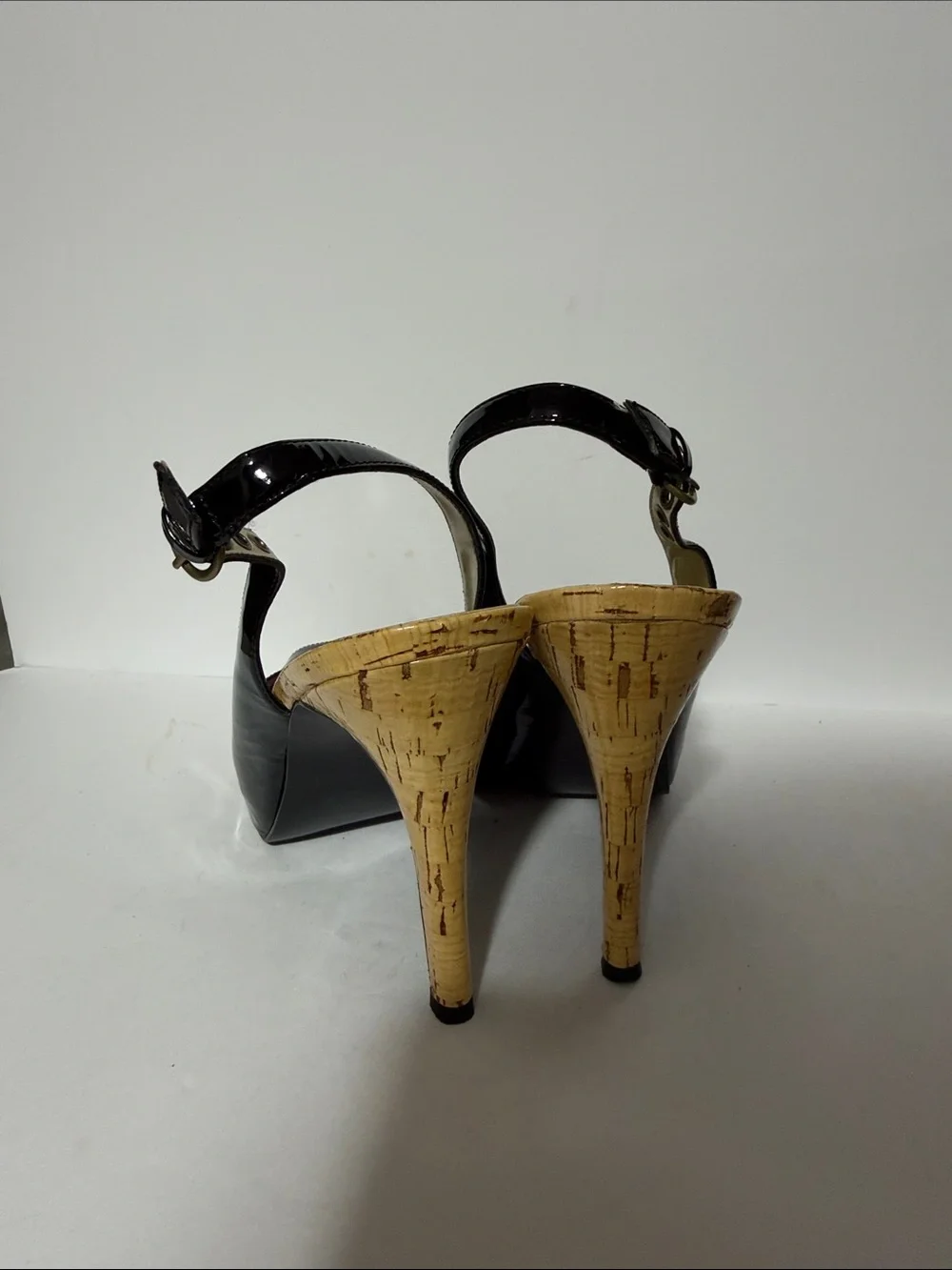 Guess Black Patent Open-Toe Slingback Cork Wedges